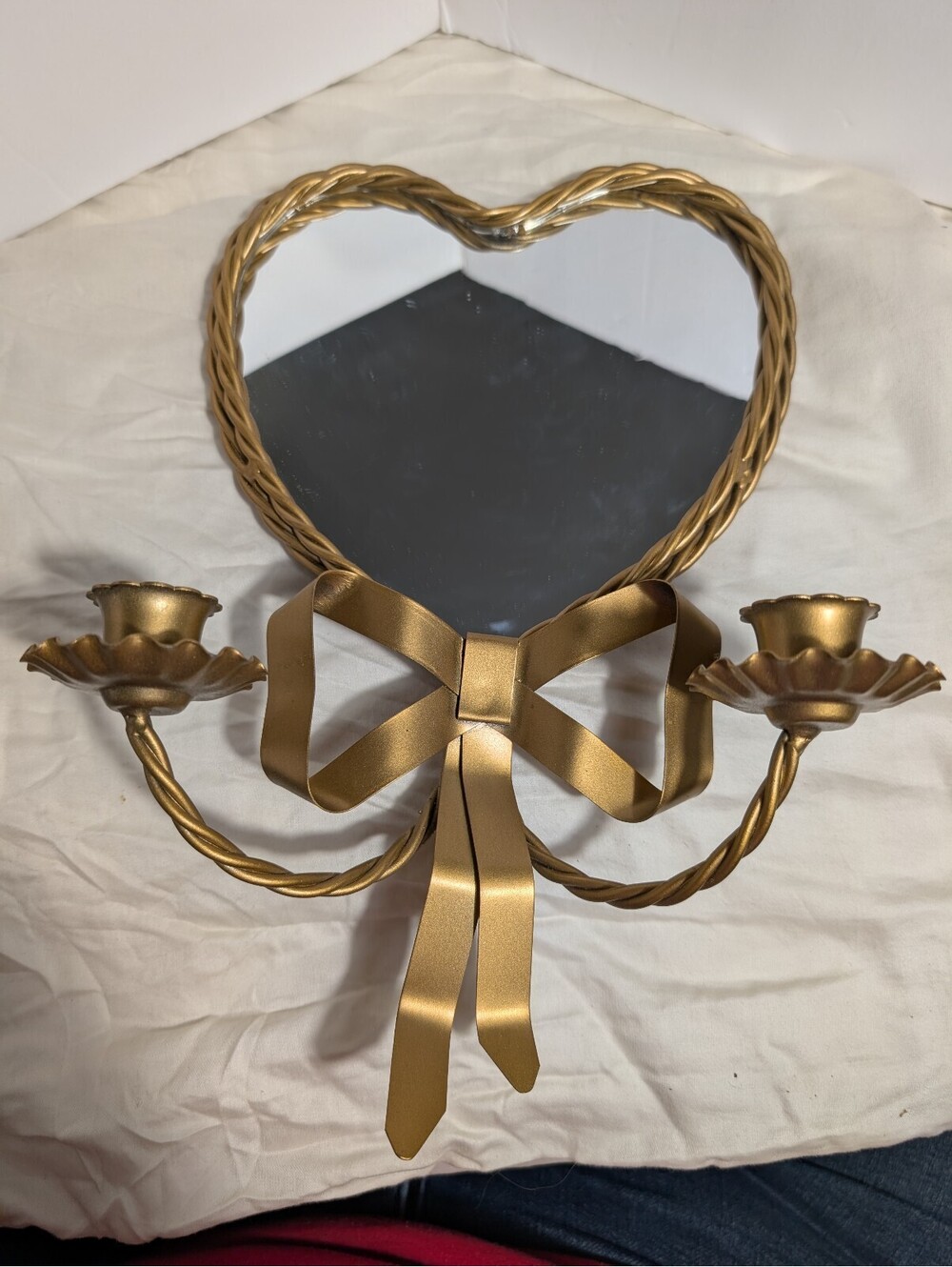 Vintage Homeco/Hollywood Regency Gold Heart-Shaped Wall Sconce with Bow Accent